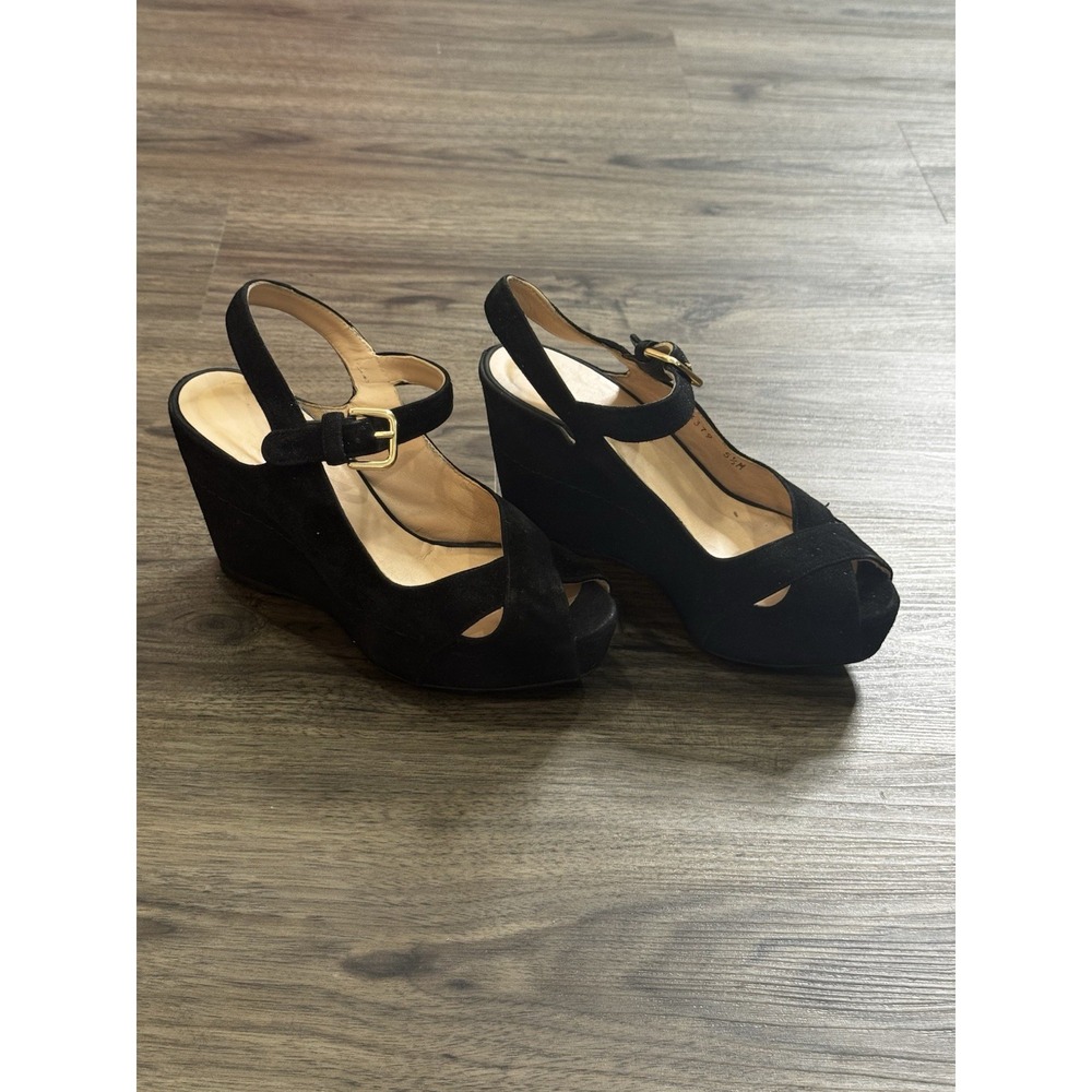 Stuart Weitzman Platform Wedges 5.5 Black Suede Y2K Peep Toe Chic Euro Summer - Picture 4 of 8